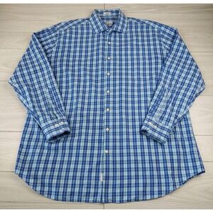 Peter Millar Button Front Shirt Mens XXL Blue Plaid Cotton Long Sleeve Check